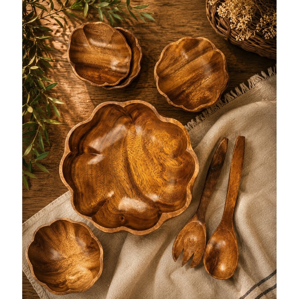 Vintage Monkey Pod Wood Salad Bowl Set 7pc Scalloped Petal Mid Century Modern